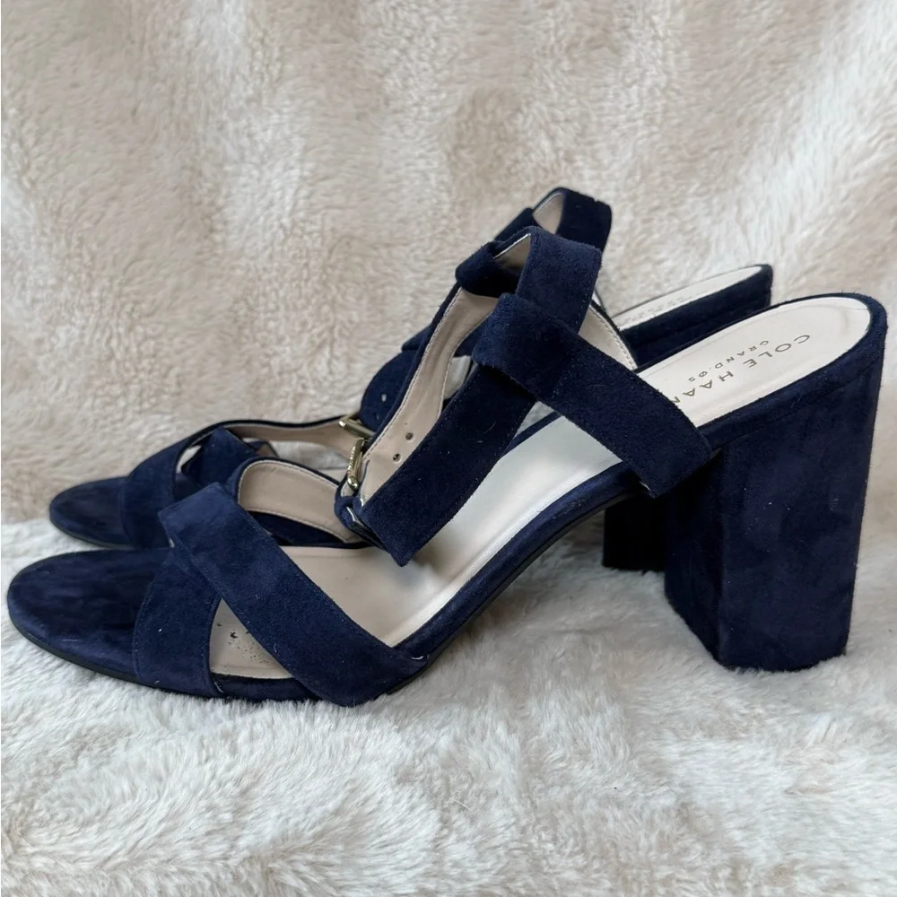 Cole Haan Kadi Sandal Marine Blue Suede Heels Womens Sz 10.5 EUC